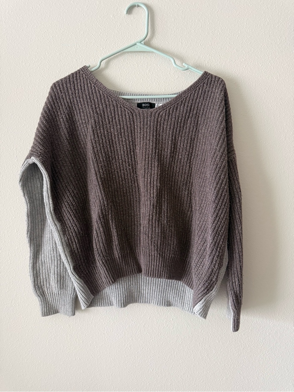 BDG Two-Tone Ribbed Crewneck Sweater - Brown and Light Gray